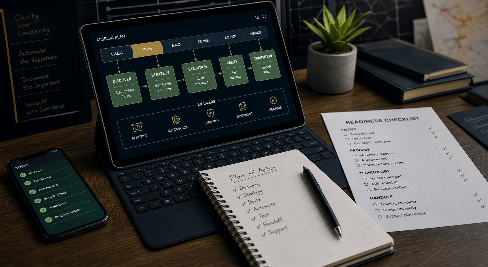 Mission planning workspace with digital launch notes.